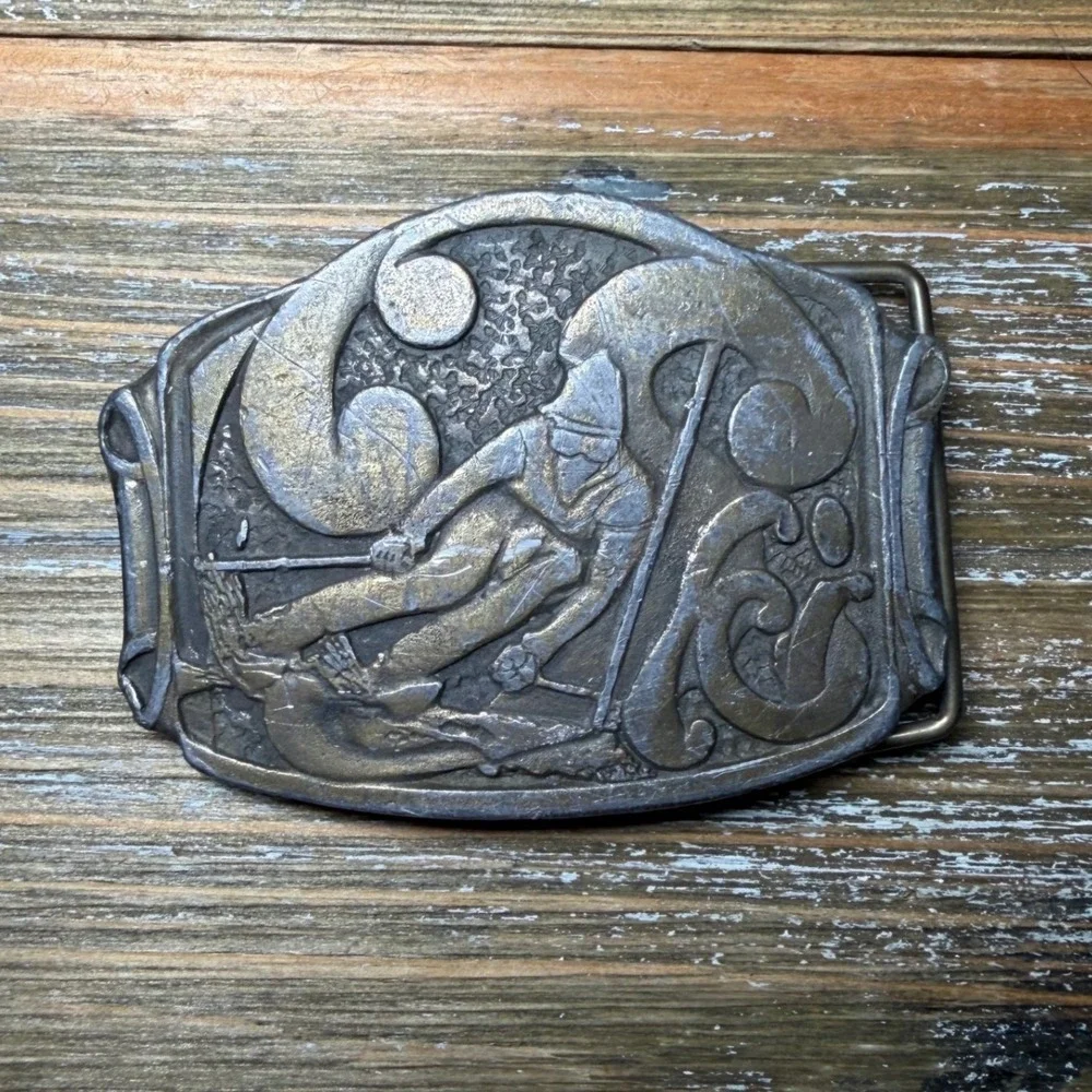 Vintage CDC Metalworks Skier Belt Buckle Colorado Brass Downhill Skiing Retro